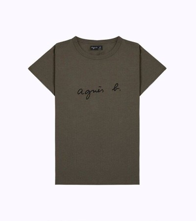 春夏季新款agnes b草书PALEESIJA字母纯棉短袖T恤深蓝色女装 春夏季新款agnes b草书PALEESIJA字母纯棉短袖T恤深蓝色女装