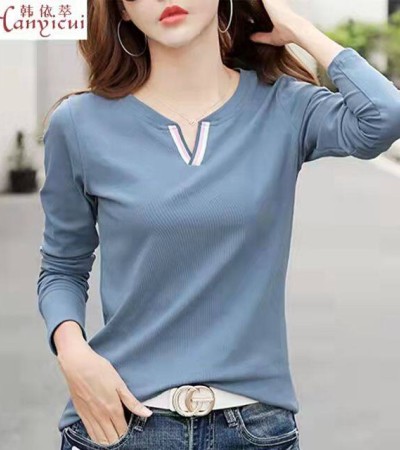 100%纯棉女式新款长袖T恤宽松V领韩式基本平底衫蓝色加大码上衣女式时尚休闲T恤免运费 100%纯棉女式新款长袖T恤宽松V领韩式基本平底衫蓝色加大码上衣女式时尚休闲T恤免运费