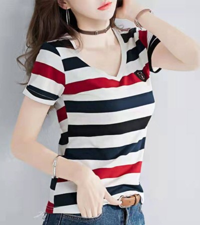 100%全棉韩国新款时尚女士全棉短袖条纹T恤女士修身大码V领半袖T恤夏季上衣 100%全棉韩国新款时尚女士全棉短袖条纹T恤女士修身大码V领半袖T恤夏季上衣