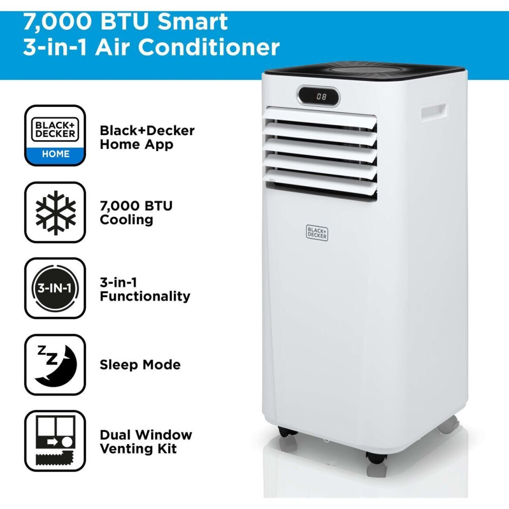 Black & Decker Smart Air Conditioner 7000BTU 3-in-1, R/C, Timer in White  Black & Decker Smart Air Conditioner 7000BTU 3-in-1, R/C, Timer in White